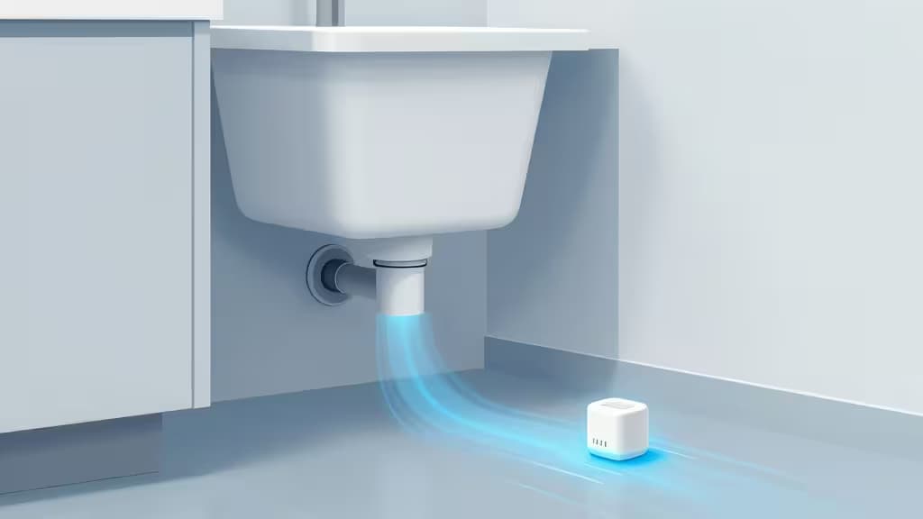 Illustrazione astratta di un sistema di rilevazione perdite acqua per casa intelligente, con sensori smart sotto un lavandino e in cantina, linee di flusso blu su sfondo grigio moderno