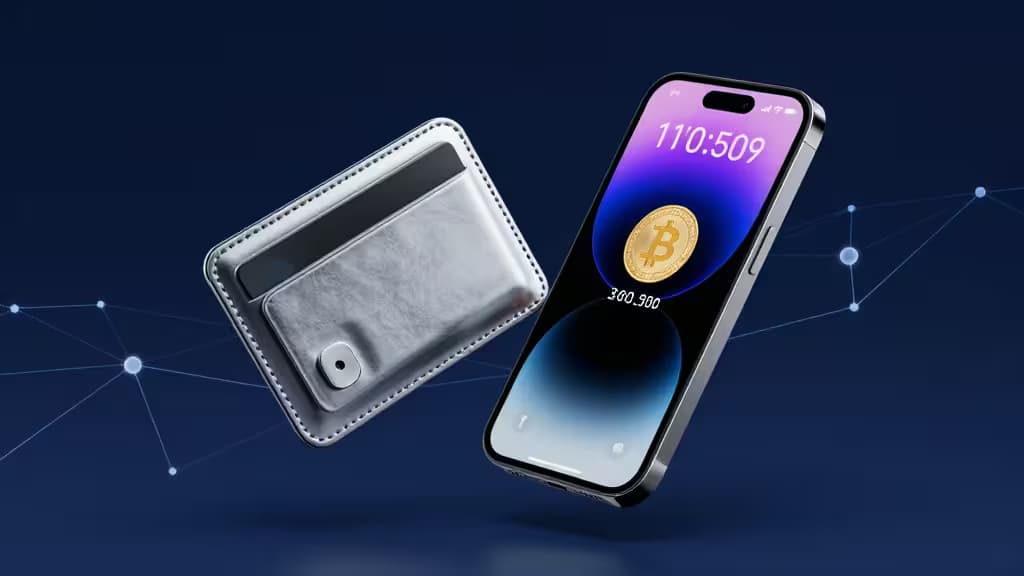 A metallic hardware wallet card and smartphone displaying a stablecoin balance floating over a navy gradient with glowing blockchain network nodes.