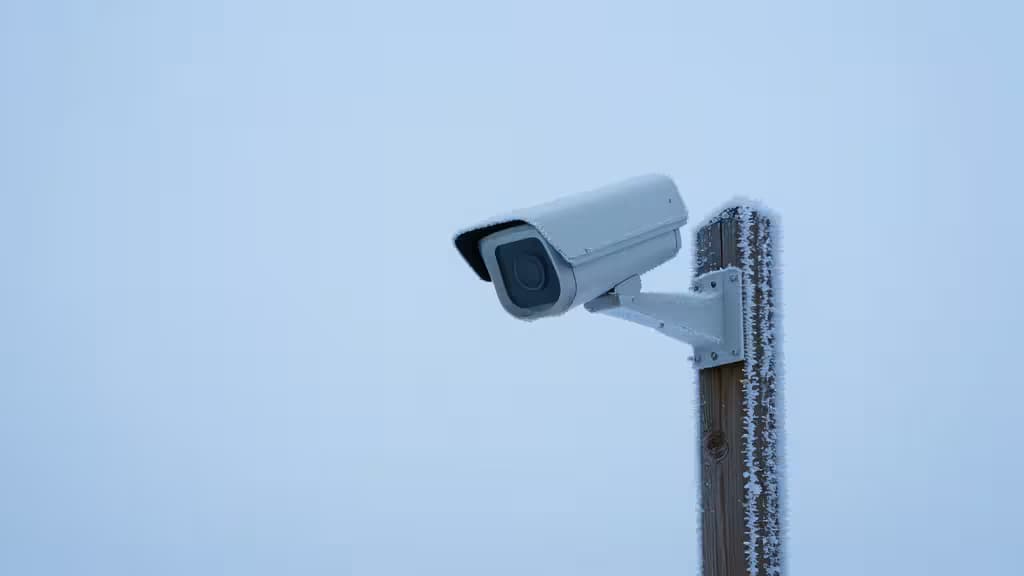 Frost-covered white security camera mounted on wooden post against pale blue winter sky.