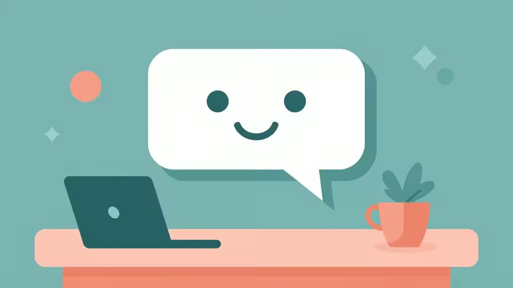 A smiling chat bubble hovers above a teal laptop and coral mug on a minimalist desk, symbolizing AI customer support.
