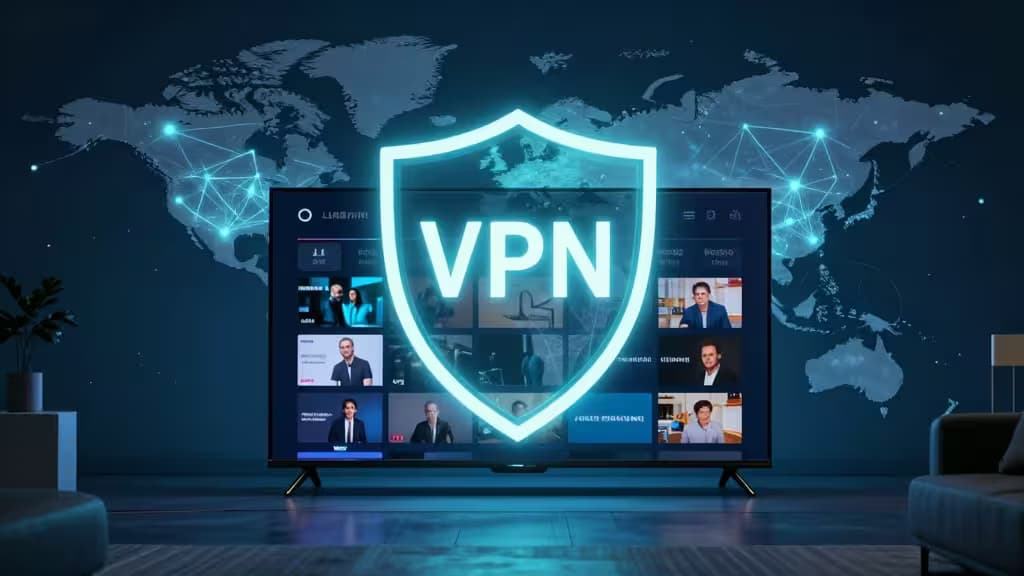 Светящийся VPN-щит парит над Smart TV с потоковым контентом на фоне карты мира, символизируя разблокировку геоограничений и защиту приватности.