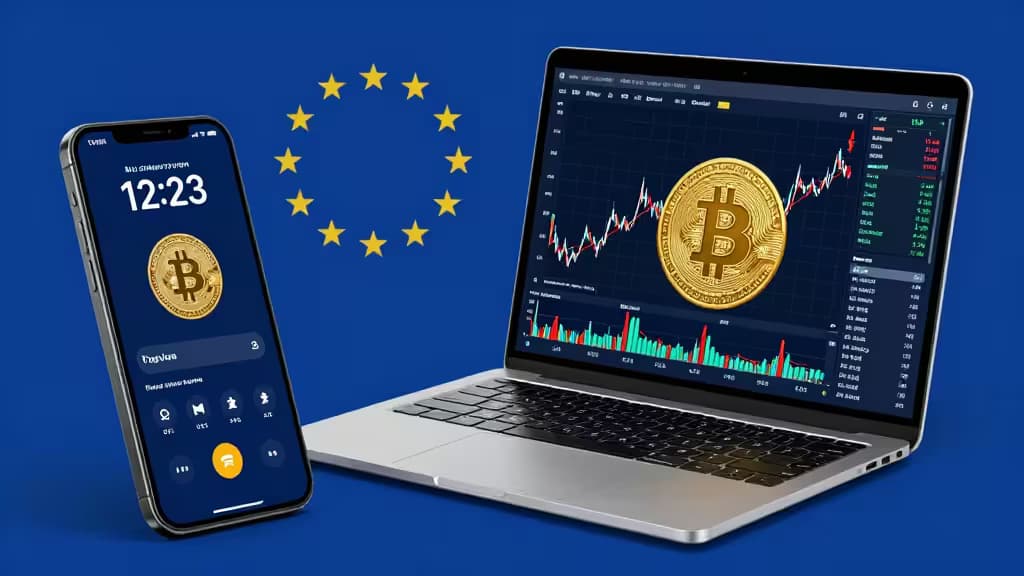 Smartphone and laptop display Bitcoin charts against EU flag, symbolizing regulated crypto trading in Europe.