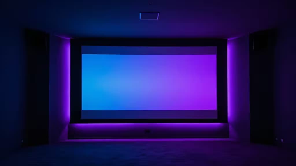 A darkened home theater room with gradient LED light strips glowing behind a wall-mounted TV in purple and blue hues