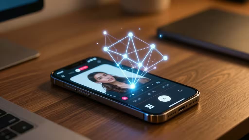 Smartphone displays AI-enhanced video editing interface with holographic neural network overlay on wooden desk.