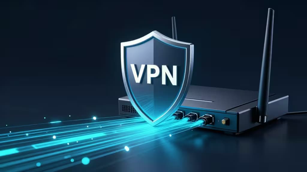 Flussi di dati blu luminosi attraversano un router nero, protetti da uno scudo traslucido con scritta VPN.
