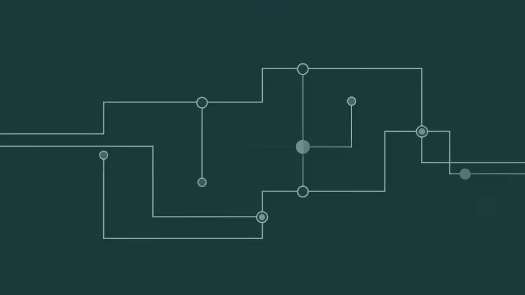 Abstract illustration of interconnected workflow nodes forming a directed acyclic graph on a dark teal background.