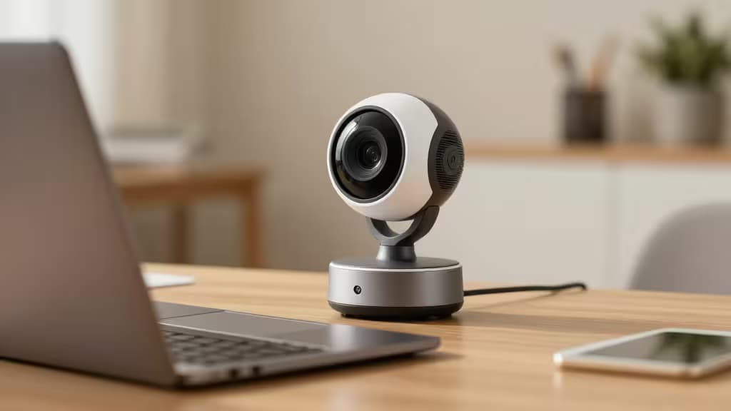 A sleek white and black webcam sits on a wooden desk beside a laptop, ready for Zoom calls.