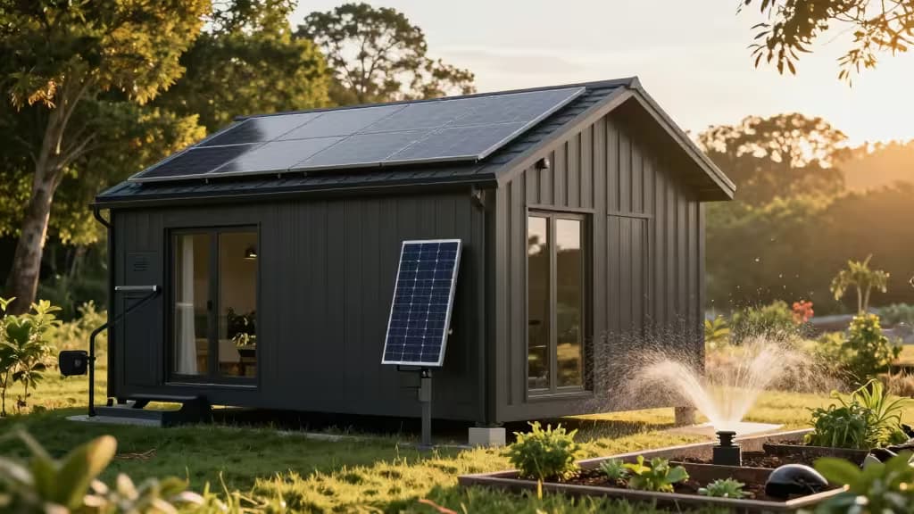 Moderne off-grid cabin met zonnepanelen, slimme irrigatie en weelderige tuin bij zonsondergang.