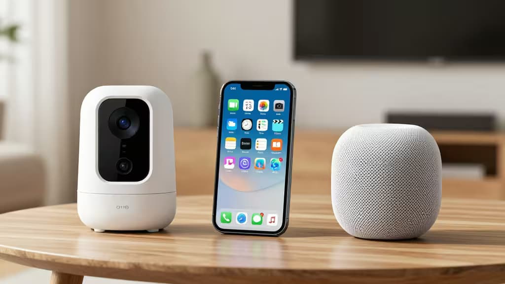 Caméra blanche, iPhone et HomePod sur table en bois présentent un setup Apple HomeKit Secure Video.