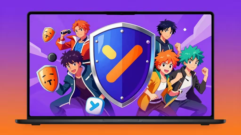 Écran d'ordinateur affichant des personnages d'anime avec un bouclier VPN bleu, symbolisant la protection du streaming.