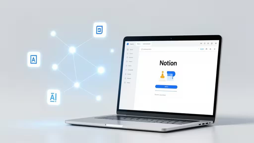 Laptop displays Notion interface with floating AI icons and network nodes.