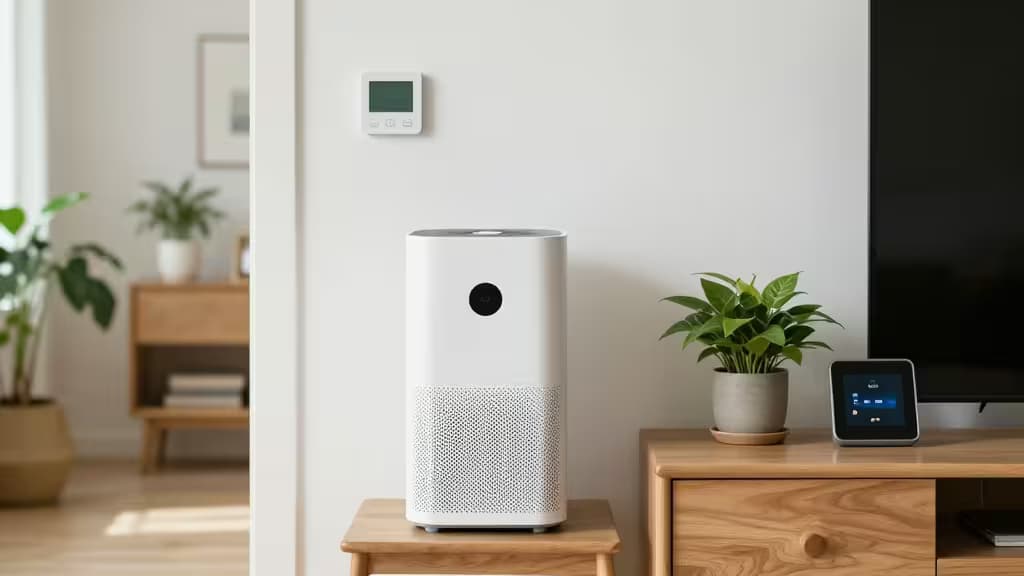 White air purifier, wall thermostat, and smart hub on wooden furniture in bright, plant-filled room.