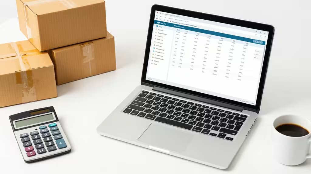Laptop displays accounting software beside Amazon boxes, calculator, and coffee on white desk.
