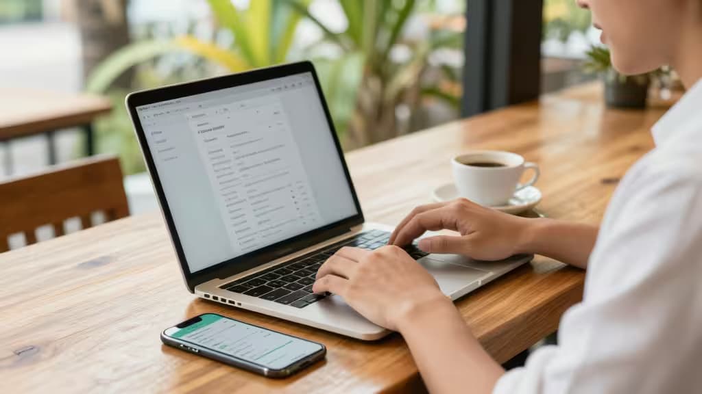 Een digitale nomade typt op een laptop naast een koffiekop en een smartphone met een budgetapp.