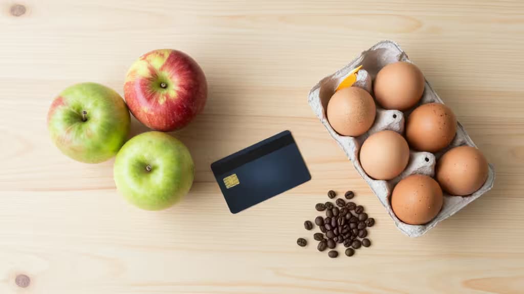 Fresh apples, eggs, coffee beans, and a credit card on a wooden surface.