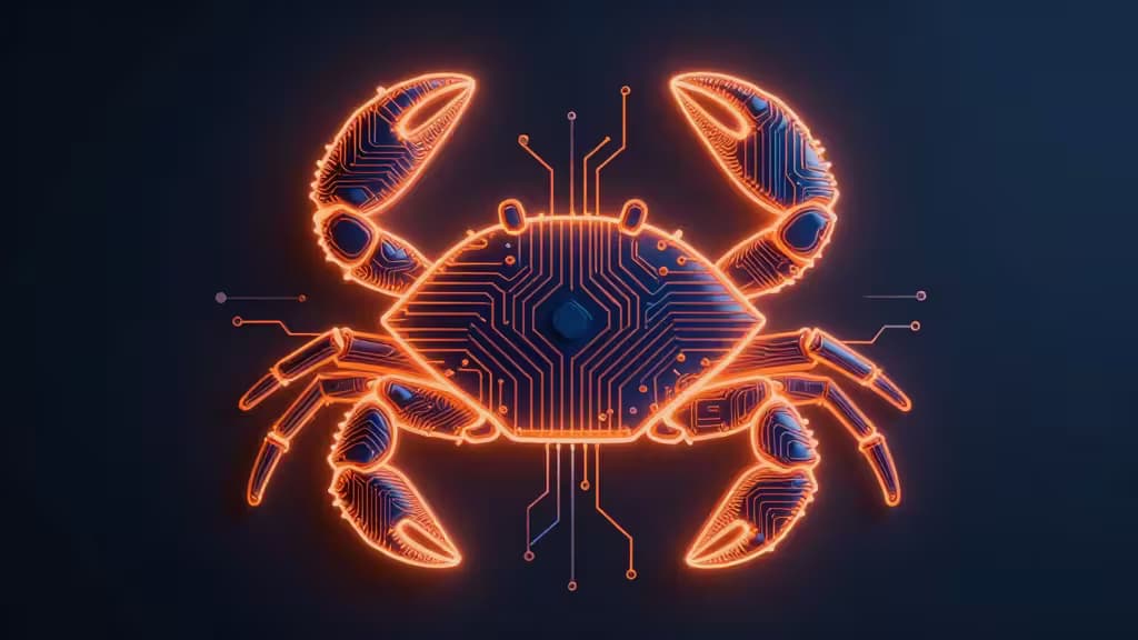 Glowing orange circuit-board crab with blue accents, symbolizing Rust and AI tech.