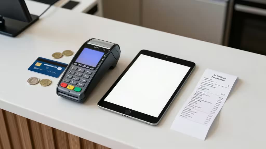 POS terminal, tablet, receipt, and coins on white counter for small business payments.