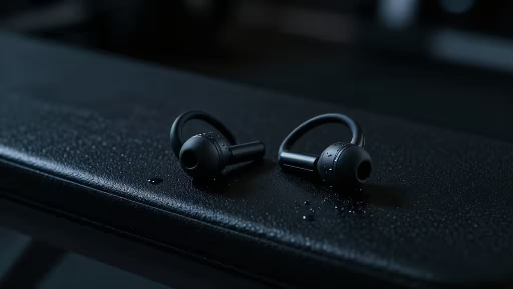 Athletic earbuds with ear hooks resting on a gym bench with water droplets, dark moody lighting with blue accent tones