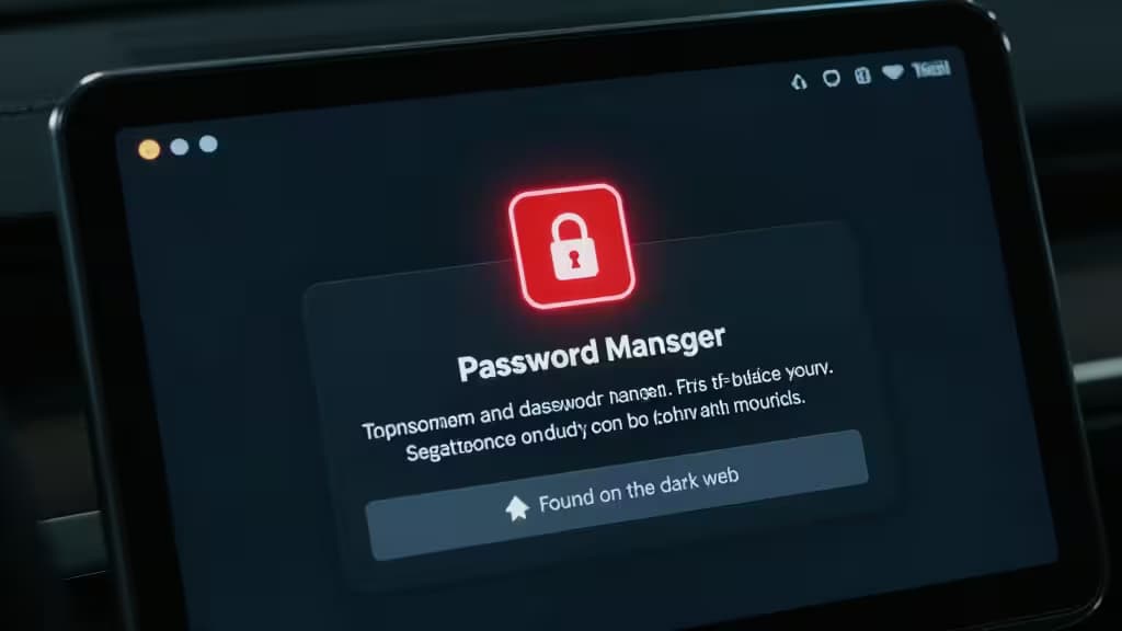 A dark security-themed dashboard interface with a glowing red credential breach alert and a padlock icon, representing dark web monitoring in action