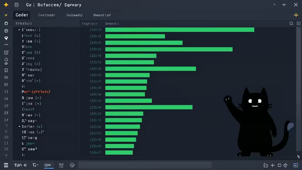 Go coverage dashboard displays green bar charts and waving gopher mascot.