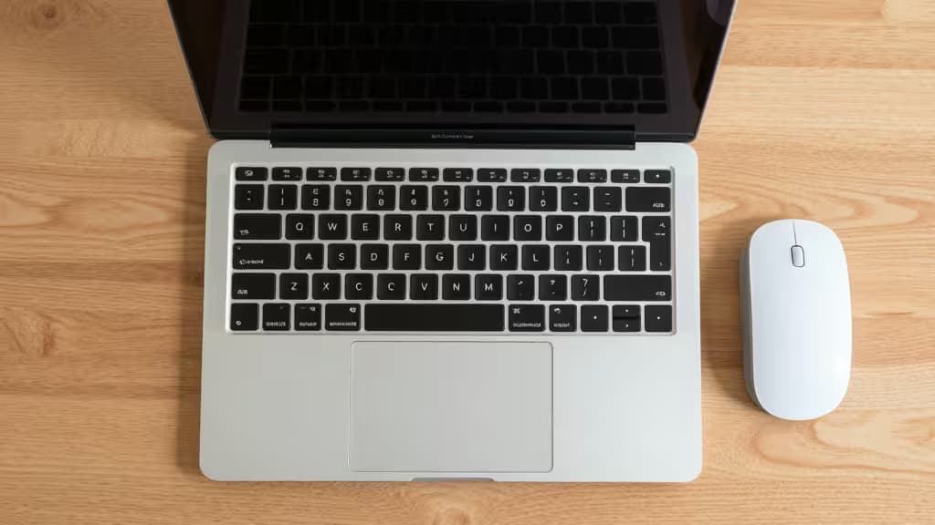 Un ratón vertical blanco descansa junto a un MacBook plateado sobre una mesa de madera clara.