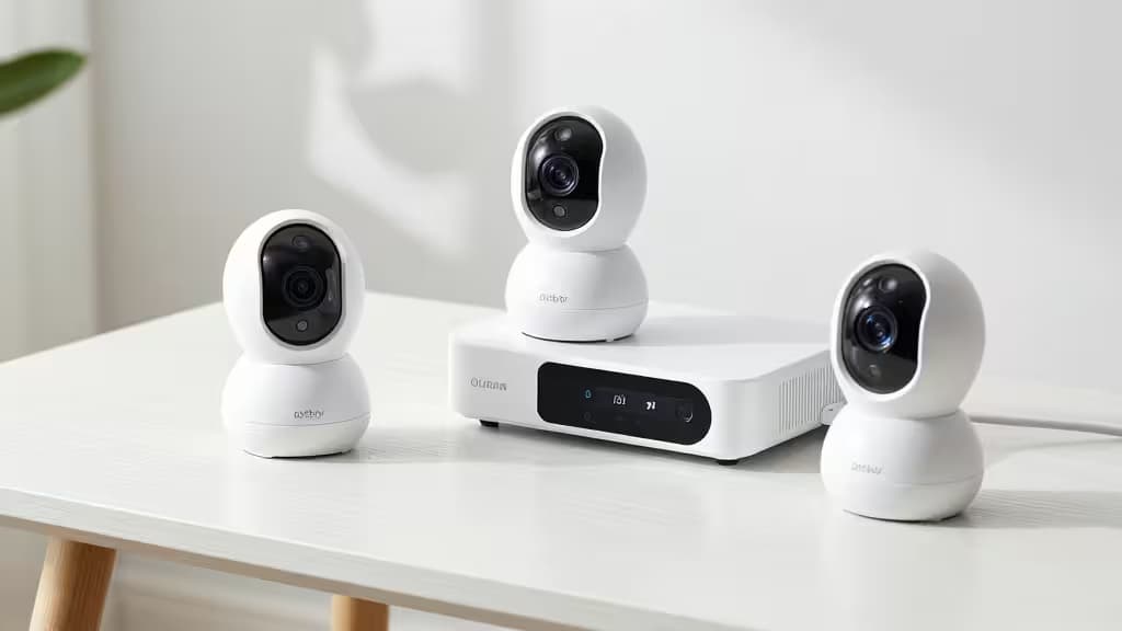 Cinq caméras de sécurité sans abonnement disposées sur une table blanche : TP-Link Tapo C120, C425, D225, Aqara G5 Pro et Blink Video Doorbell — style magazine épuré.