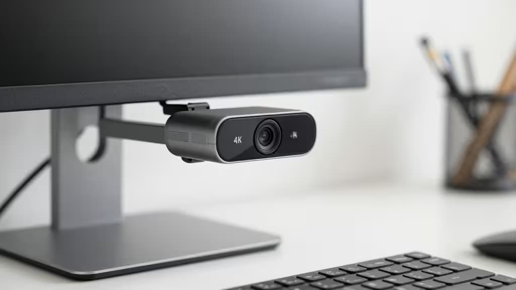 A sleek black 4K webcam clips onto a monitor, ready for crisp video calls.