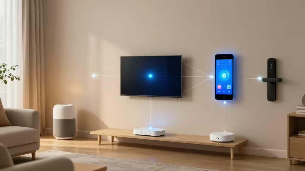 Современная гостиная с mesh-сетью, соединяющей телевизор, смартфон, умный замок и роутер голубыми светящимися линиями.