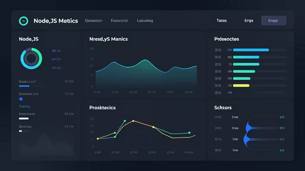 Dark dashboard UI displays Node.js metrics with charts, gauges, and performance data for observability tools.