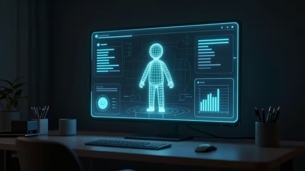 Glowing blue AI interface displays 3D wireframe character on monitor in dark studio.