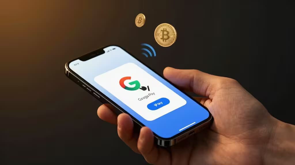 Hand holds smartphone displaying Google Pay interface with floating Bitcoin coins above.