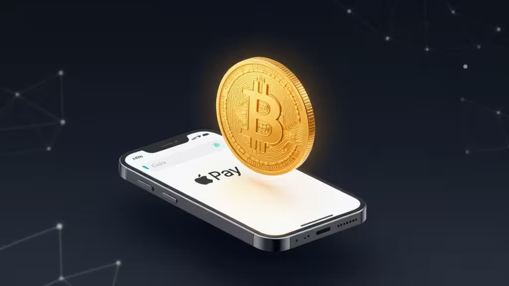 Abstract illustration of a smartphone displaying a payment interface above a glowing cryptocurrency coin on a dark gradient background with blockchain network nodes