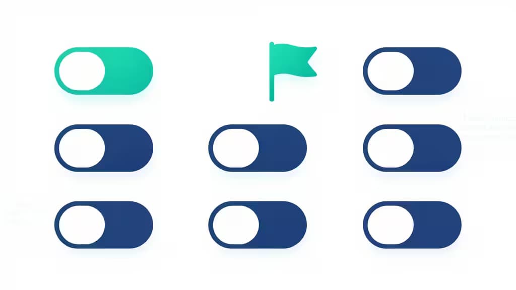 Interrupteurs bleus et vert émeraude symbolisant les outils de gestion des fonctionnalités pour petites équipes de développement.