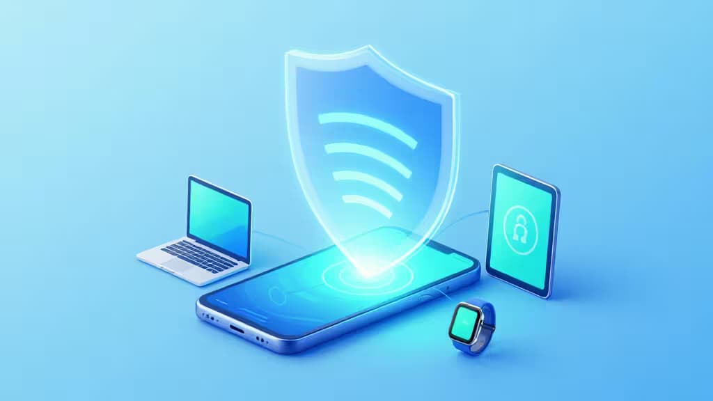 Smartphone, das über einen geschützten VPN-Tunnel ein Signal an mehrere verbundene Geräte wie Laptop, Tablet und Smartwatch sendet.