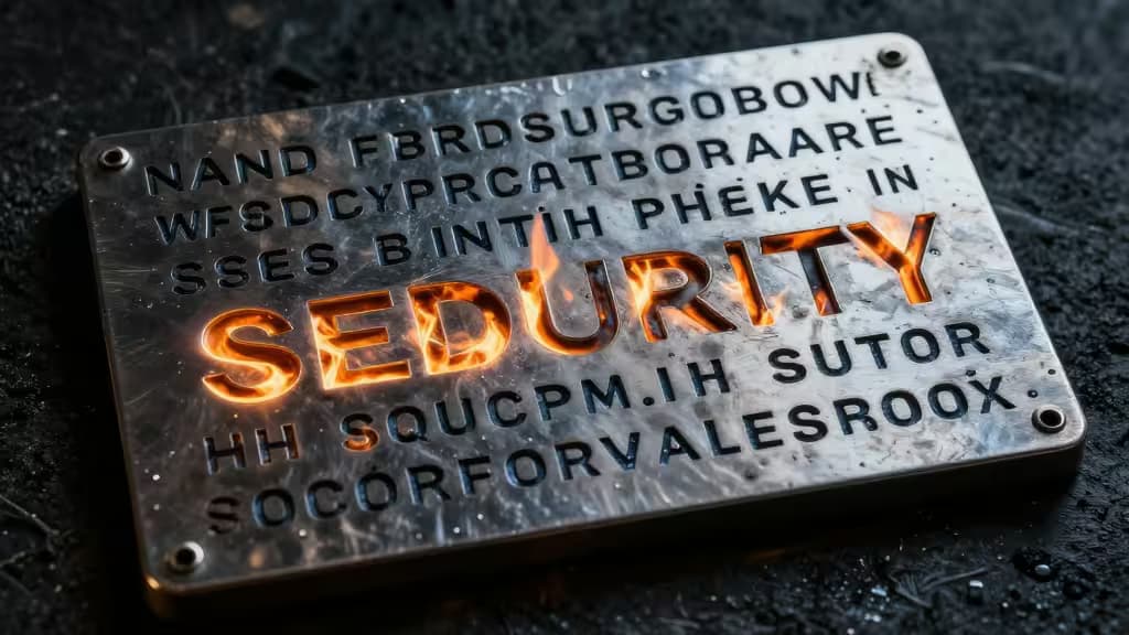 Une plaque métallique avec des lettres gravées et le mot « SEDURITY » enflammé, fixée par quatre rivets sur un fond sombre, illustrant la protection physique des seed phrases.