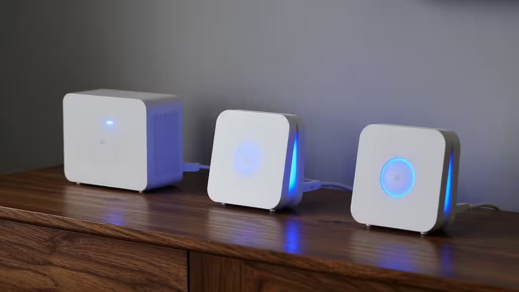 Three white Zigbee hubs with blue LED rings sit on a wooden surface, connected by cables.