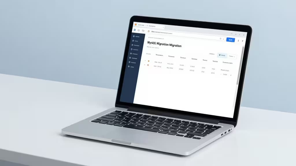 Silver laptop displays MySQL migration tool interface on white desk, highlighting affordable software solutions.