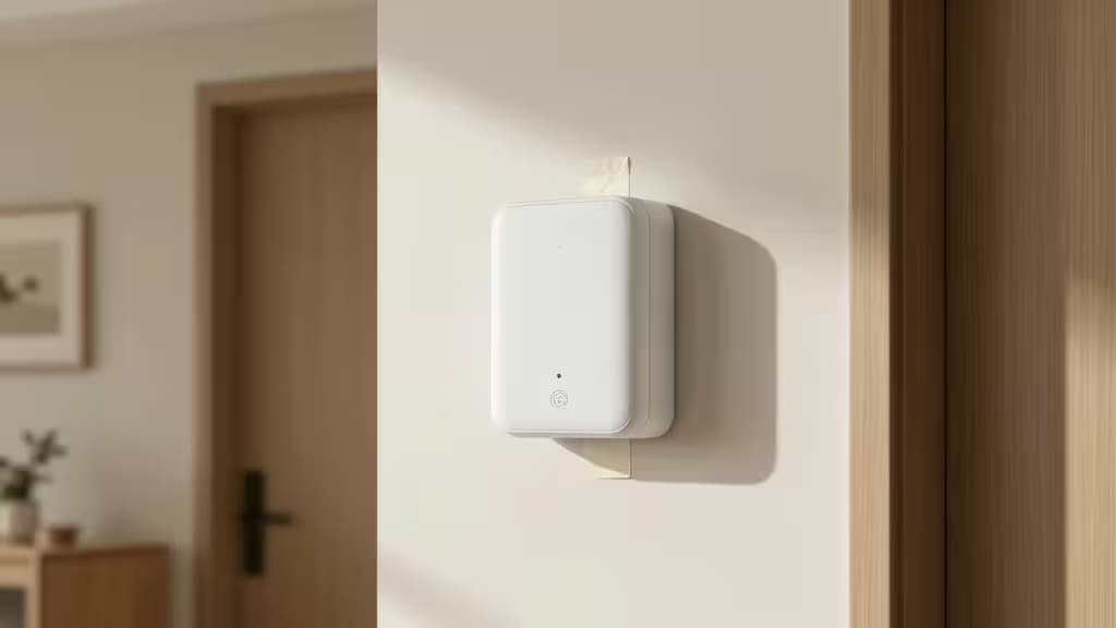White smart security sensor mounted on wall with adhesive strips, no drilling required.