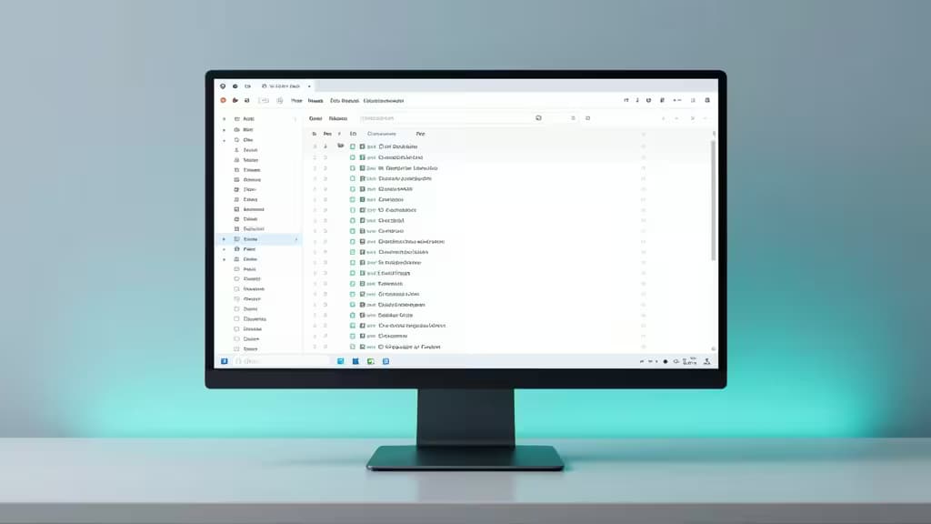 Modern monitor displays MongoDB GUI interface on minimalist desk with teal backlighting.