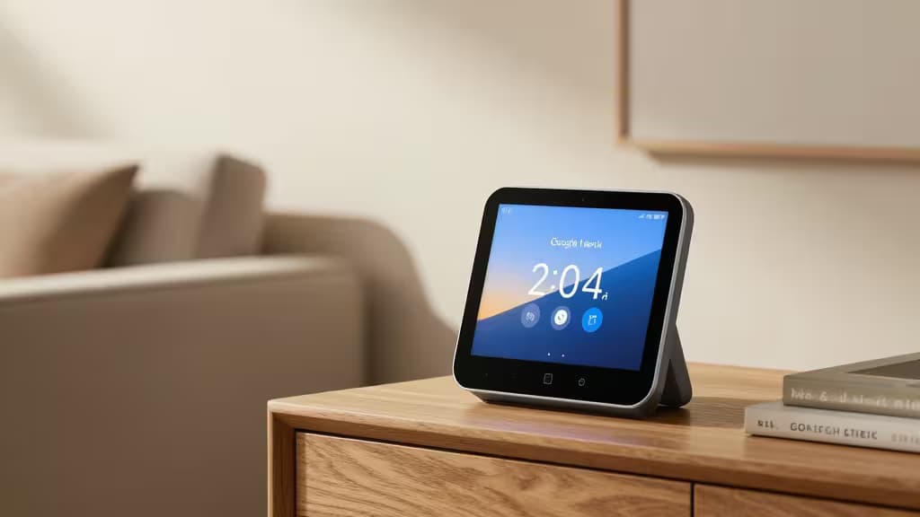 Nest Hub Max on wooden side table, displaying time and smart controls in modern living room.
