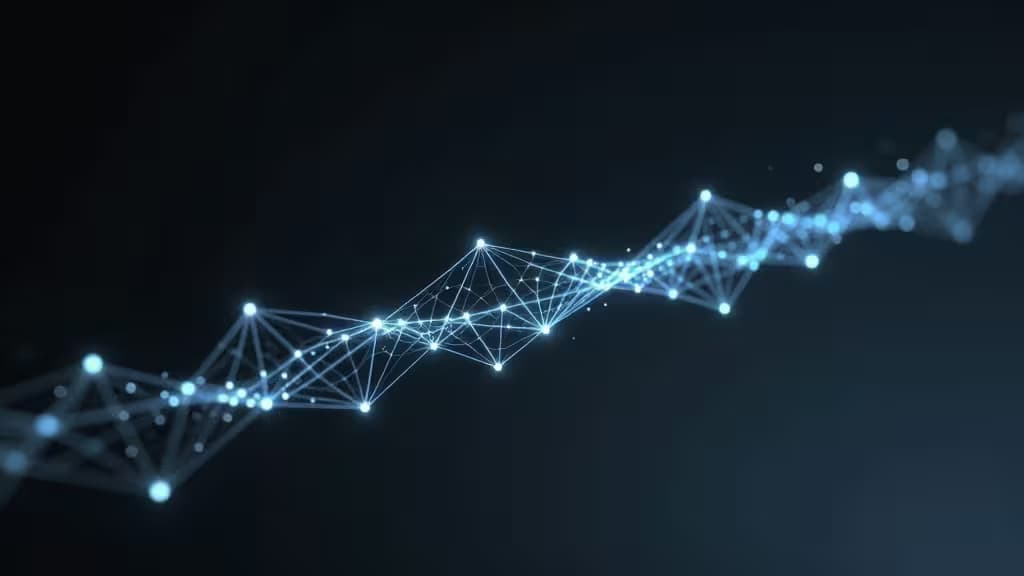 Glowing blue nodes and lines form a dynamic, abstract data stream against a dark background.