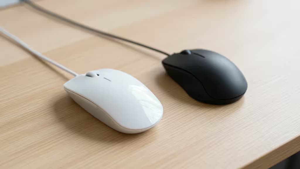 Two compact mice rest on a light wood desk: one white, one black, both sleek and minimalist.