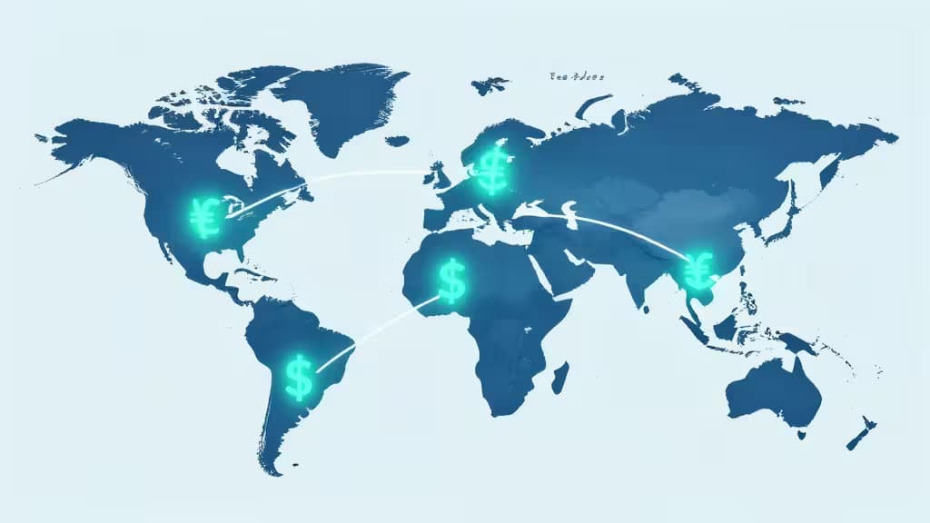 世界地図上で通貨記号と送金ノードがつながる抽象イラスト。青とティールの配色で国際ビジネス送金を表現。