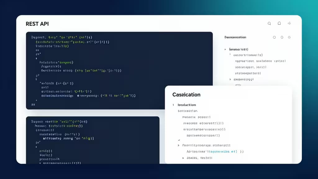 Dark-themed code editor windows displaying REST API documentation snippets arranged in an overlapping composition.