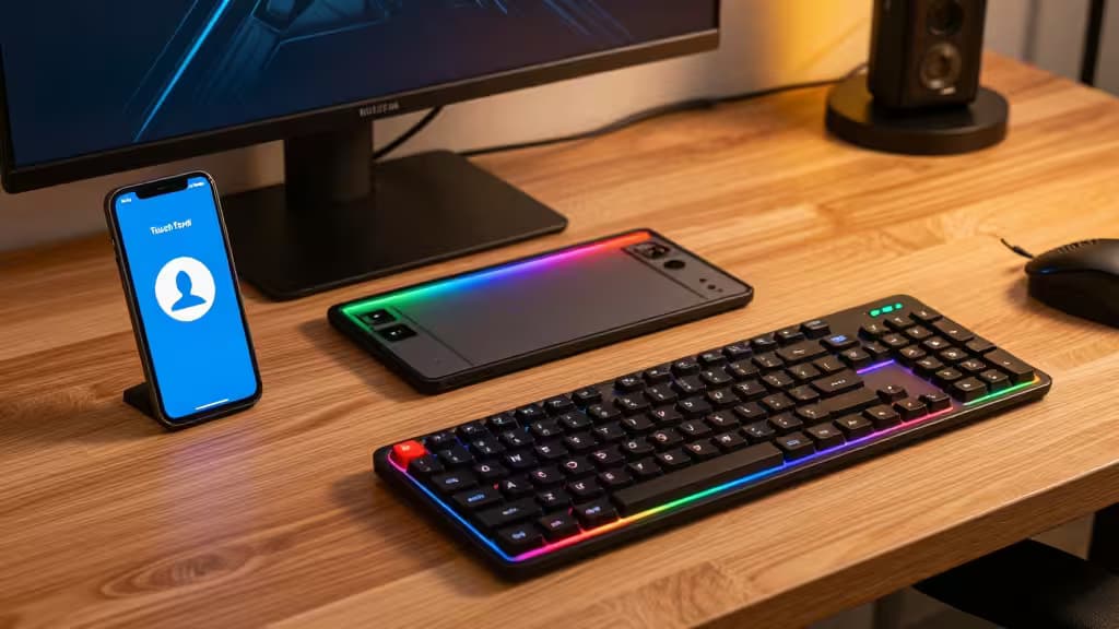 Smartphone, macro pad en RGB-toetsenbord op houten bureau, ideaal voor streamers.