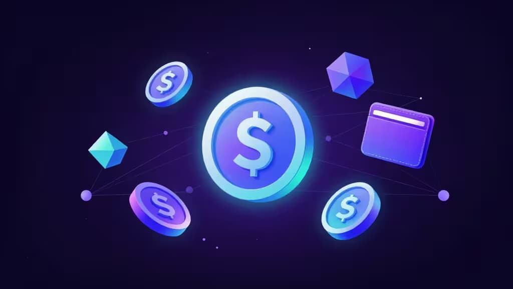 Абстрактная иллюстрация экосистемы Solana: светящиеся геометрические монеты, NFC-карта кошелька и сеть соединённых узлов на градиентном фоне