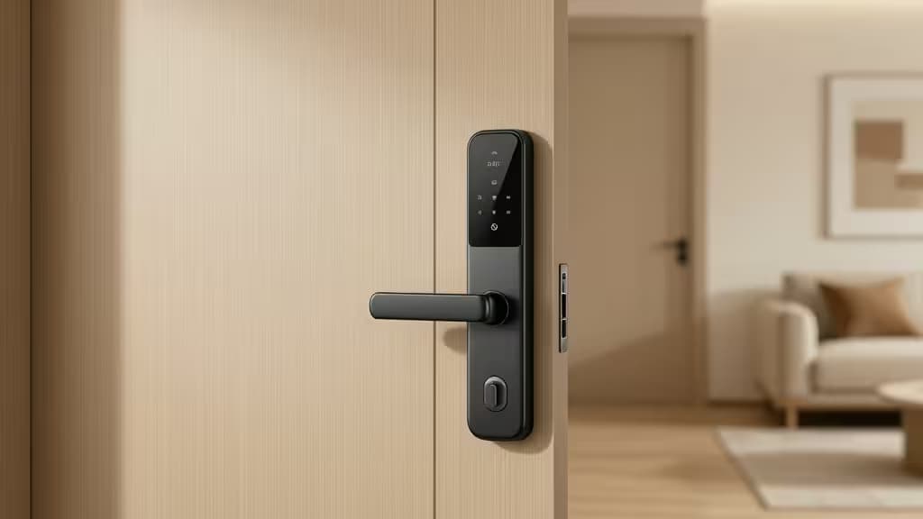 Sleek black smart lock mounts on light wood door, offering renter-friendly retrofit security without drilling.