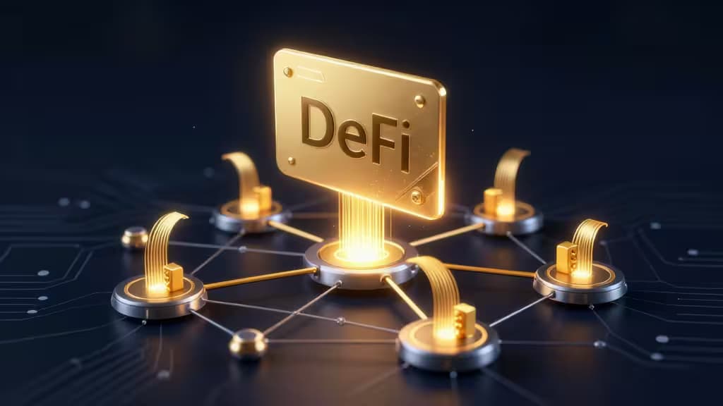Golden DeFi chip rises from glowing circuit nodes, symbolizing blockchain liquidity pools and secure hardware wallet integration.