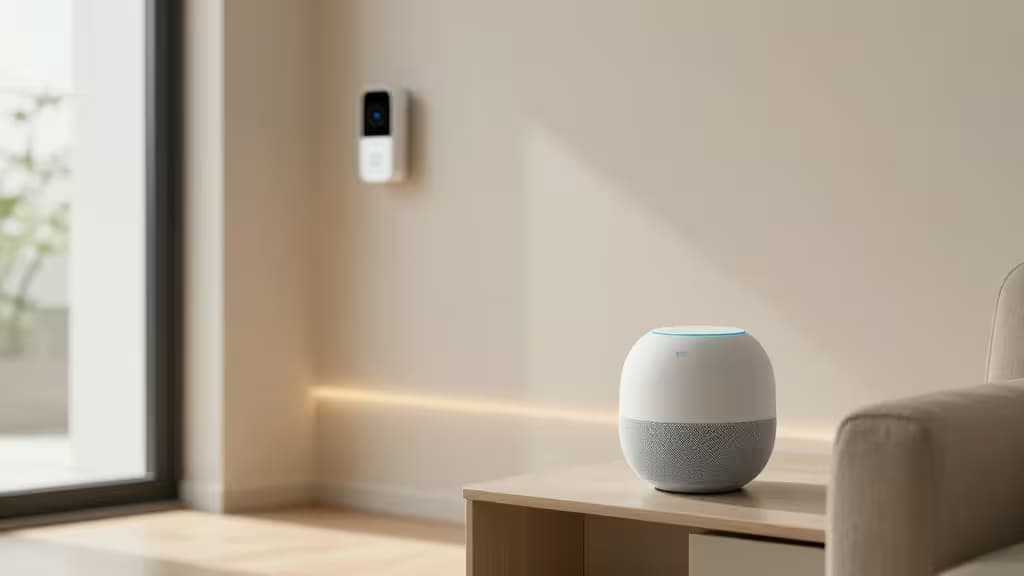 Minimalistische moderne woonkamer met een bolvormige smart speaker op een bijzettafel en een videodeurbel bij de ingang, warme sfeerverlichting in een Scandinavisch interieur.