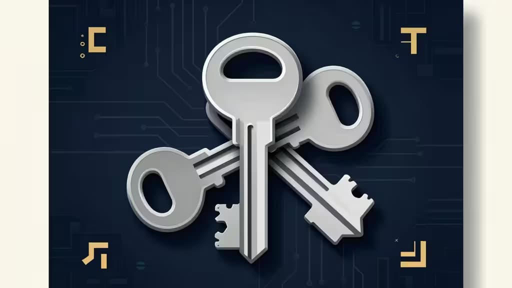 Vier metallische Schlüssel überlappen sich auf einem dunklen Schaltkreis-Hintergrund und symbolisieren Multi-Signature-Krypto-Sicherheit für Business-Treasury-Management.